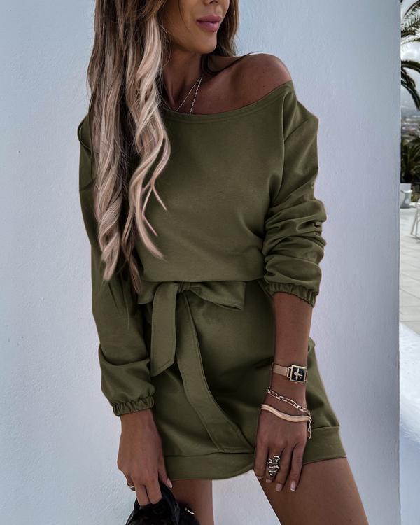 dew shoulder belted long sleeve mini dress