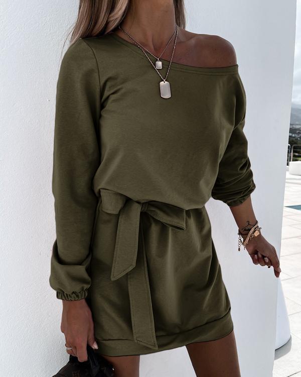 dew shoulder belted long sleeve mini dress
