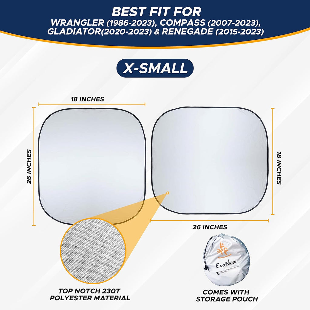 EcoNour 2-Piece Windshield Sun Shade for Jeep, Offers Complete Automotive Sun Protection, Foldable Jeep Windshield Shade Suits Wrangler, Compass, Gladiator &amp; Renegade, (X-Small 18 in x 26 in)