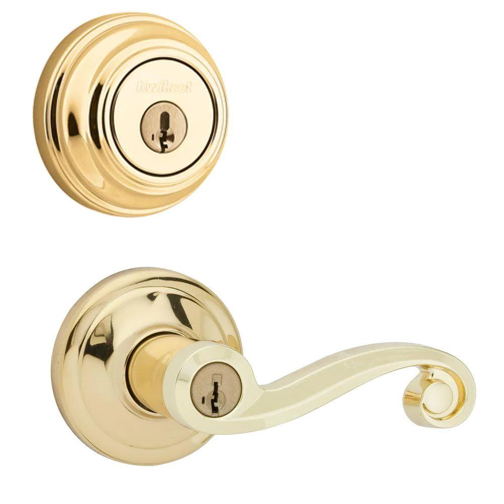 Lido Polished Brass Exterior Entry Door Lever and Single Cylinder Deadbolt Combo Pack Featuring SmartKey Security