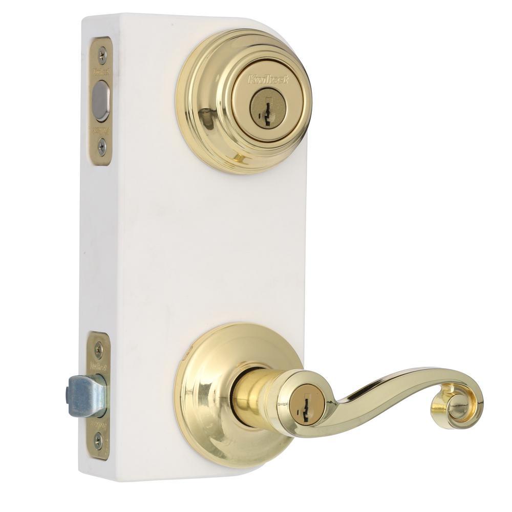 Lido Polished Brass Exterior Entry Door Lever and Single Cylinder Deadbolt Combo Pack Featuring SmartKey Security