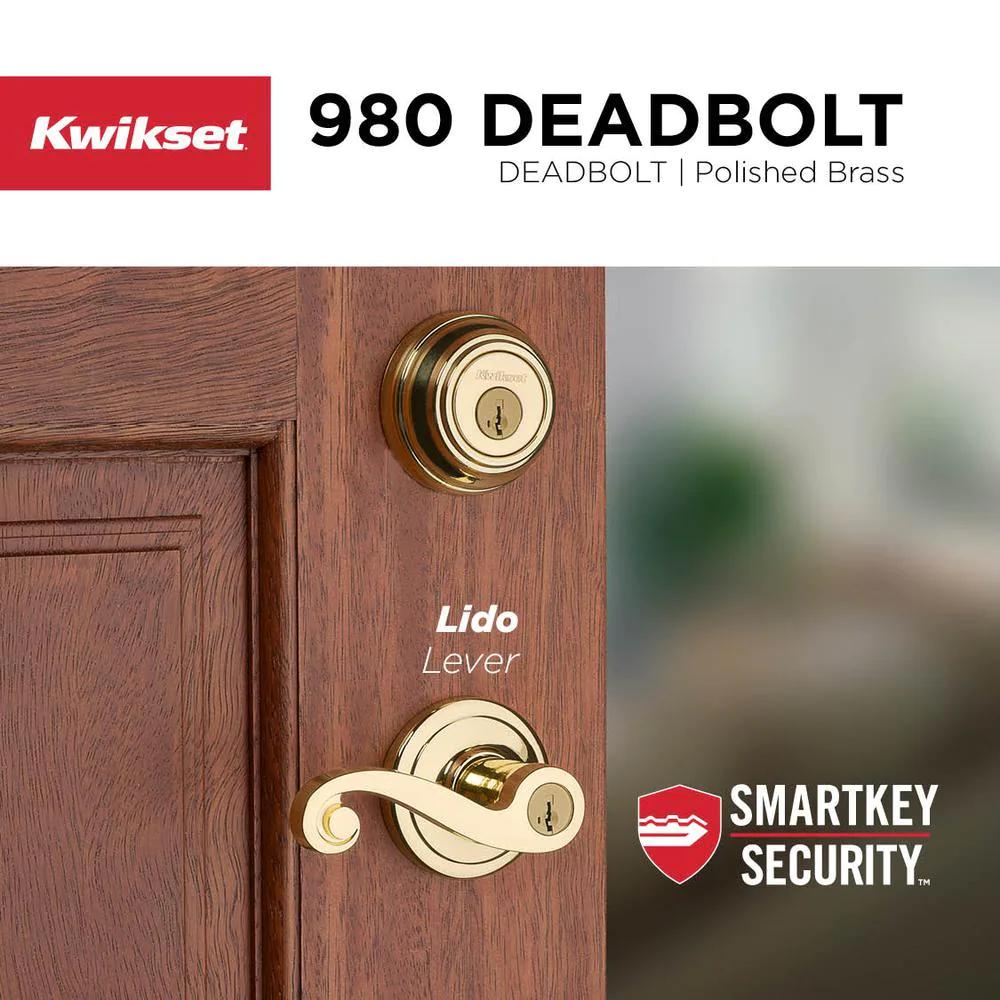 Lido Polished Brass Exterior Entry Door Lever and Single Cylinder Deadbolt Combo Pack Featuring SmartKey Security