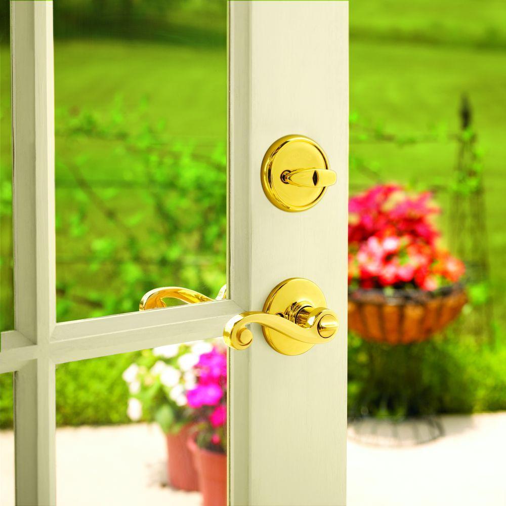 Lido Polished Brass Exterior Entry Door Lever and Single Cylinder Deadbolt Combo Pack Featuring SmartKey Security