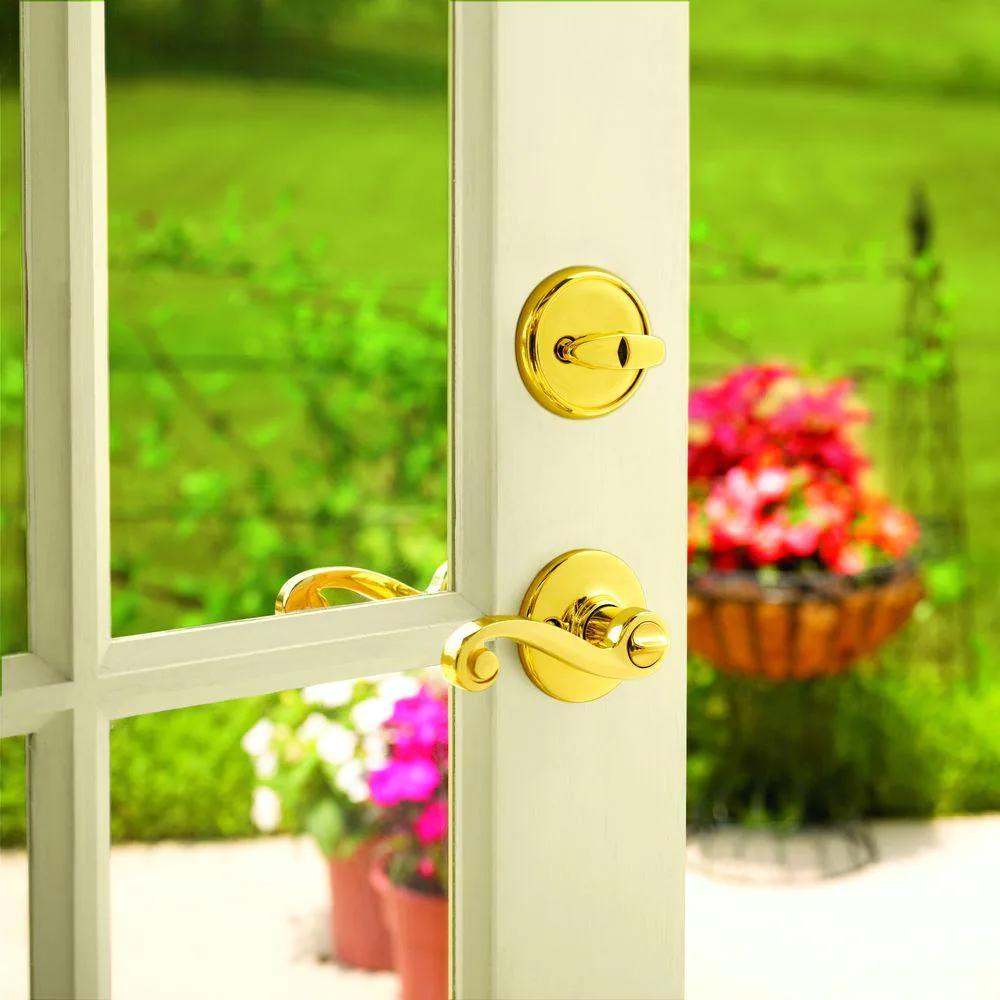 Lido Polished Brass Exterior Entry Door Lever and Single Cylinder Deadbolt Combo Pack Featuring SmartKey Security
