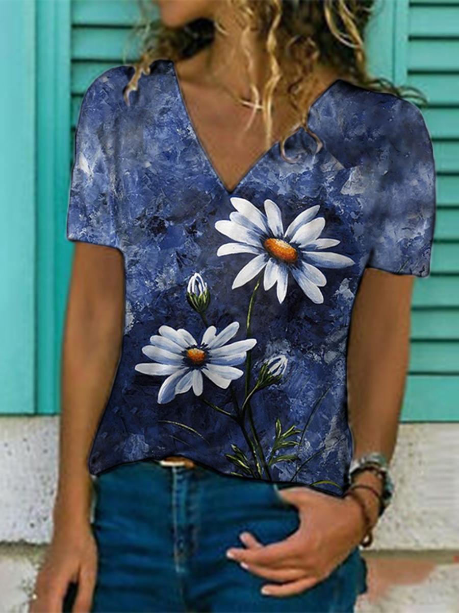 Women  Flowers Print Turtleneck V-neck T-shit