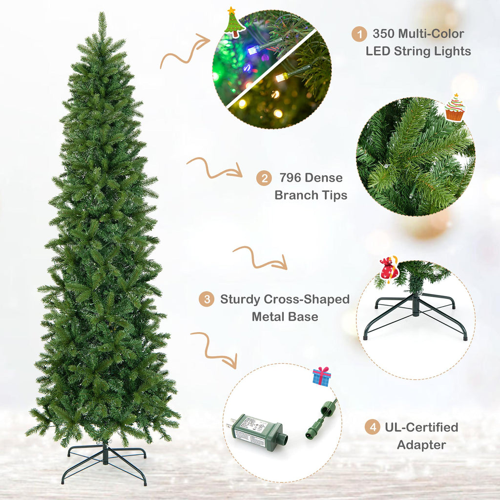 Costway 7.5FT Pre-Lit Hinged Artificial Christmas Tree w/ 796 Tips &amp; 350 LED Lights
