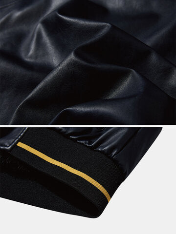 mens pu leather casual fleece lined thick varsity jacket with badges