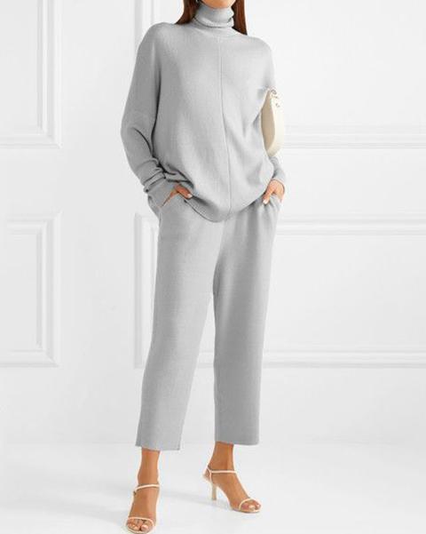 Fashion Casual Floral Gray High Neck Wool Knit Suit