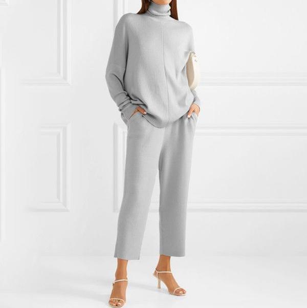 Fashion Casual Floral Gray High Neck Wool Knit Suit