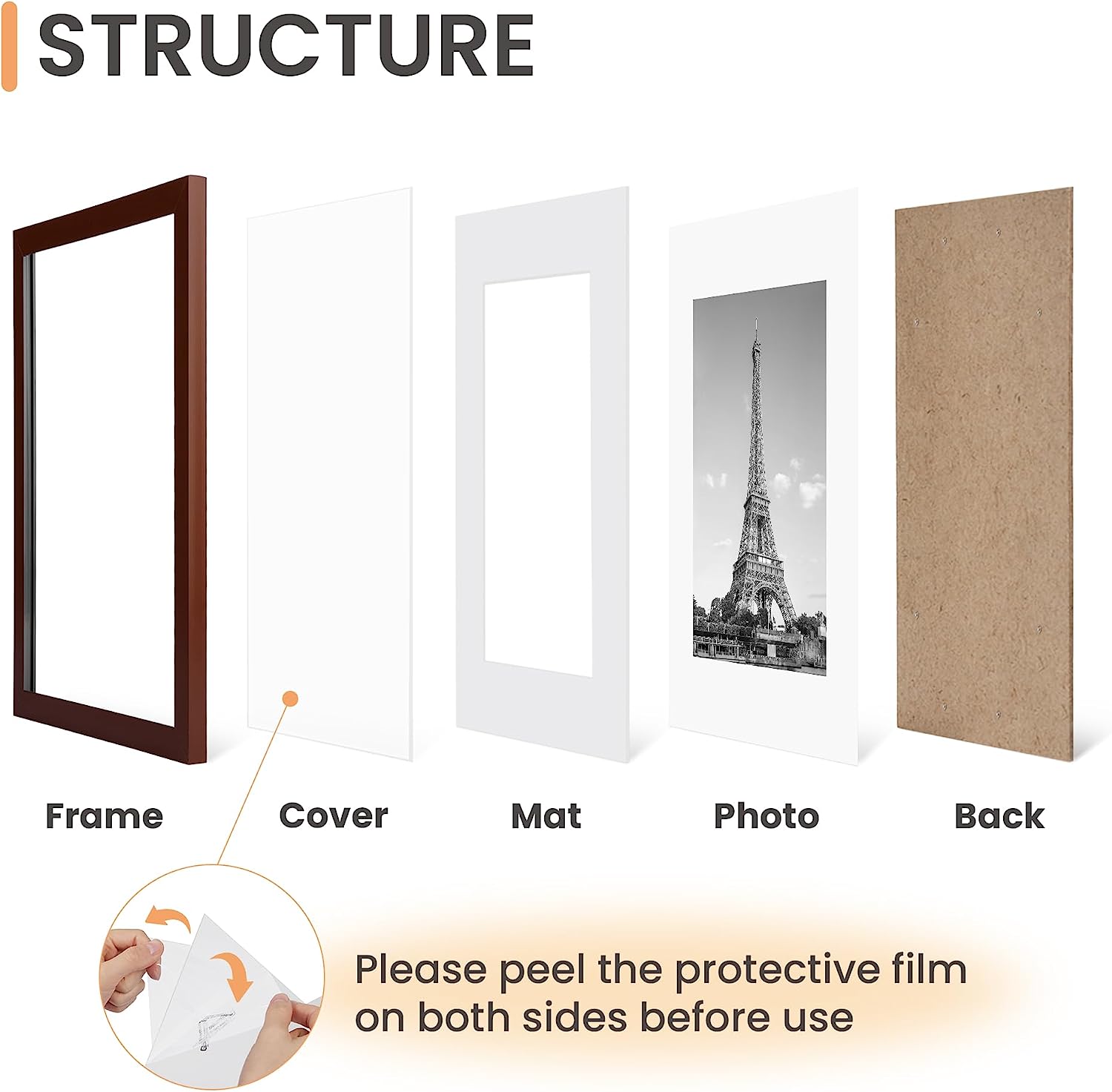 upsimples 12x16 Picture Frame Set of 5, Display Pictures 8.5x11 with Mat or 12x16 Without Mat, Wall Gallery Photo Frames, Brown
