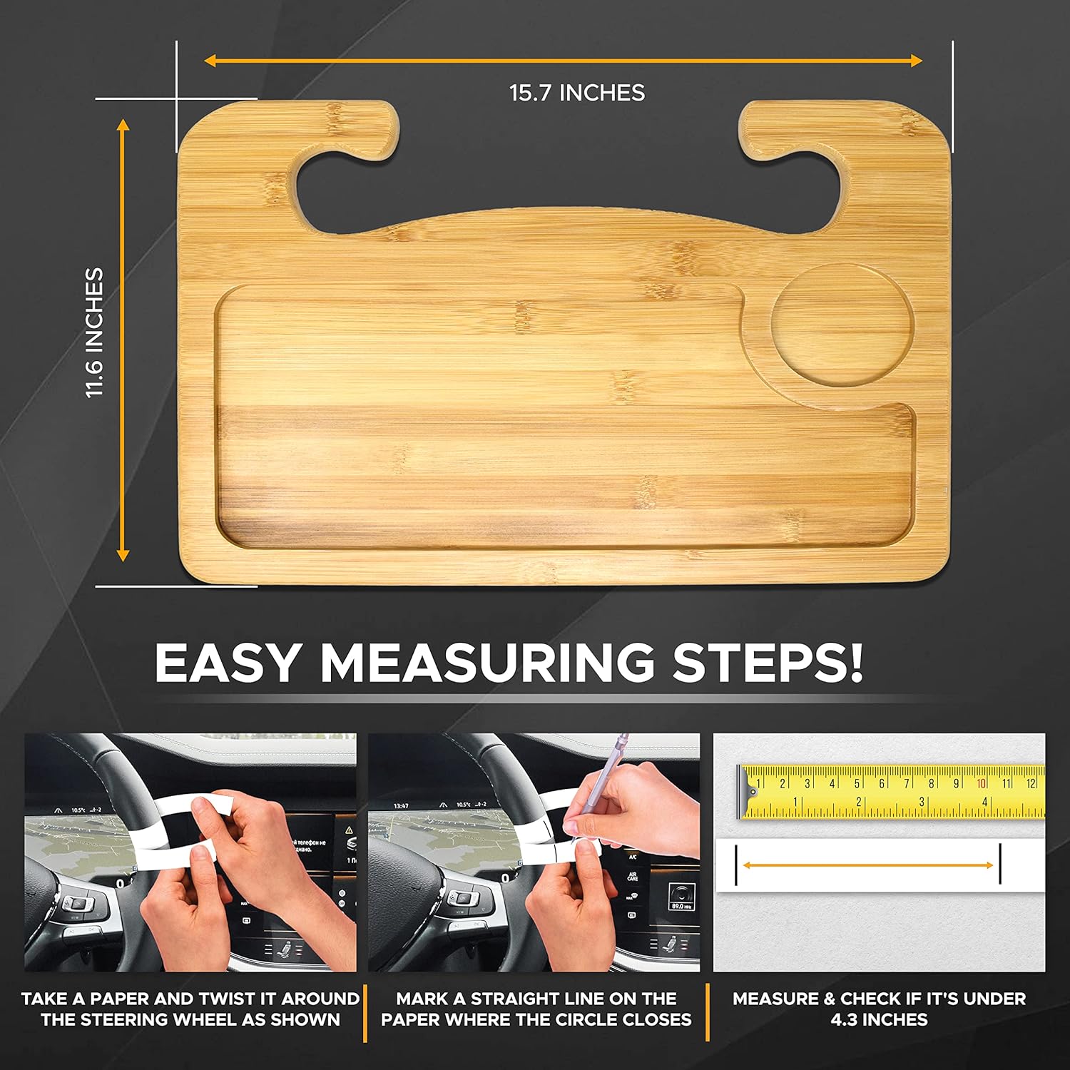 EcoNour 2 in 1 Car Steering Wheel Tray | Car Lap Desk for Convenient Working | Bamboo Trays for Eating | Interior Accessories for Truck Drivers | Lightweight Wooden Tray for Car with Easy Storage
