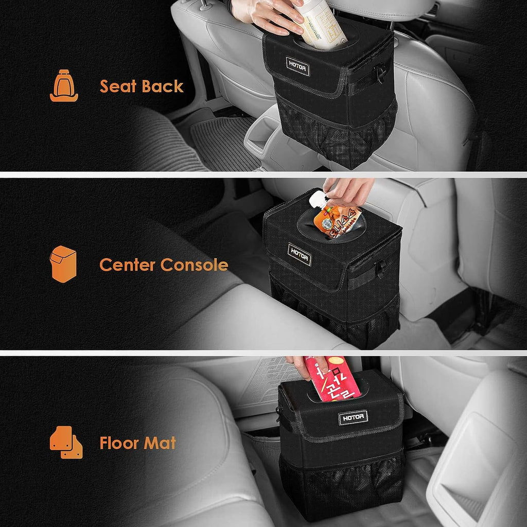 HOTOR Car Trash Can-2-Gallon, Foldable and Waterproof Car Accessory for Interior, Leakproof Car Organizer and Storage Bag, Multipurpose Bin with Adjustable Straps and Multiple Pockets (Black)