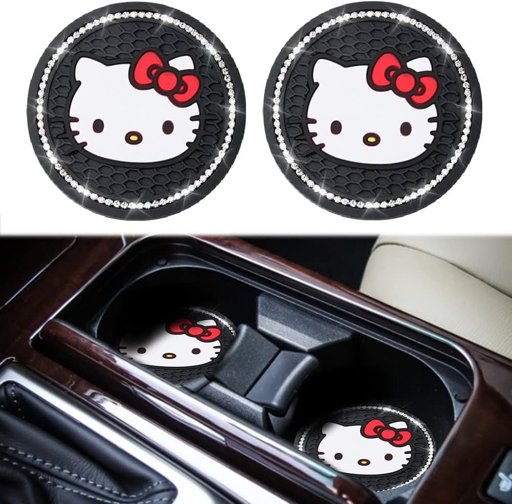 2PCS Car Cup Holders Coasters Hello Kitty,Black Silicone Anti-Slip Car Drink Coasters for Women Girls, Car Cup Pads, 2.75 Inch