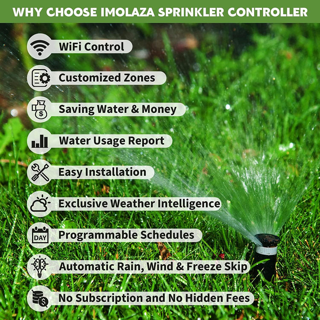 Smart Sprinkler Controller, Imolaza 8 Zone WiFi Sprinkler Controller, Automatic Remote WiFi Irrigation Controller, 8 Zone Indoor Irrigation Sprinkler Controller with Rain, ze, Wind Skip