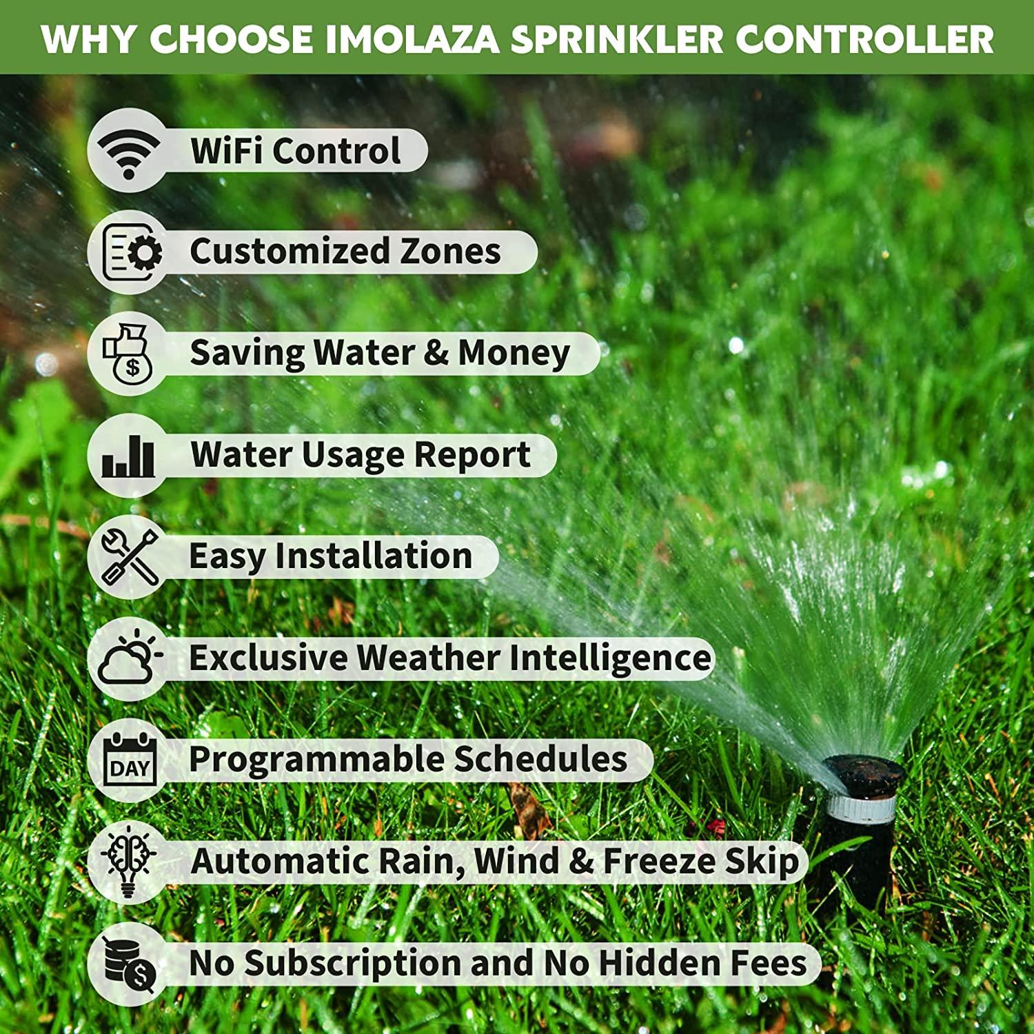 Smart Sprinkler Controller, Imolaza 8 Zone WiFi Sprinkler Controller, Automatic Remote WiFi Irrigation Controller, 8 Zone Indoor Irrigation Sprinkler Controller with Rain, ze, Wind Skip