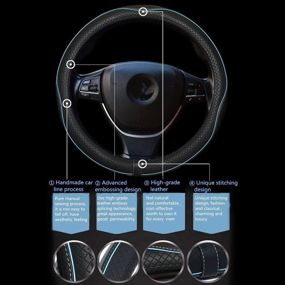 Car Steering Wheel Cover,Anti-Slip, Safety, Soft, Breathable,Heavy Duty, Thick,Full Surround,Sports Style (Black with Light Blue Line)