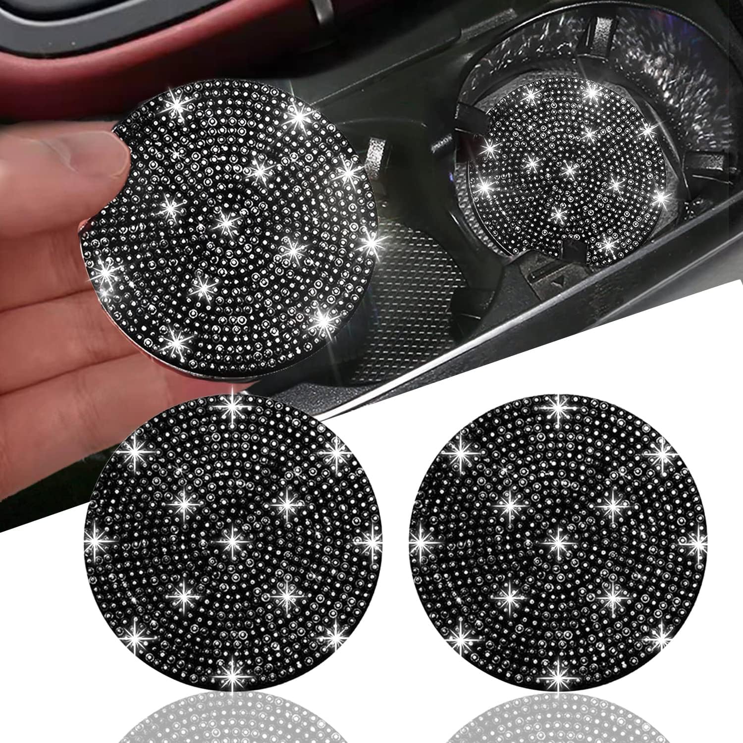 2pcs Bling Car Cup Holder Coaster, 2.75 inch Anti-Slip Shockproof Universal Fashion Vehicle Car Coasters Insert Bling Crystal Rhinestone Auto Automotive Interior Accessories for Women (2 pcs, Black)