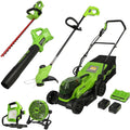 Greenworks 48V 14" Brushless Cordless Electric Lawn Mower, Leaf Blower, String Trimmer, Hedge Trimmer, Work Light, Fan, (2) 4.0Ah Batteries and Rapid Charger