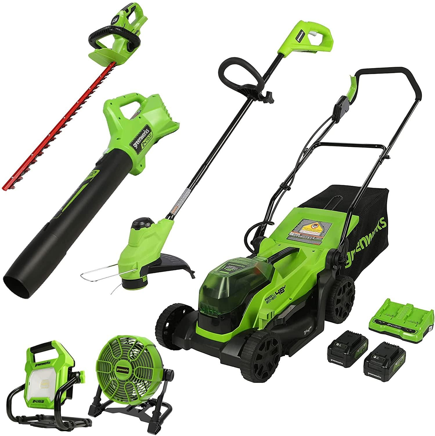 Greenworks 48V 14" Brushless Cordless Electric Lawn Mower, Leaf Blower, String Trimmer, Hedge Trimmer, Work Light, Fan, (2) 4.0Ah Batteries and Rapid Charger