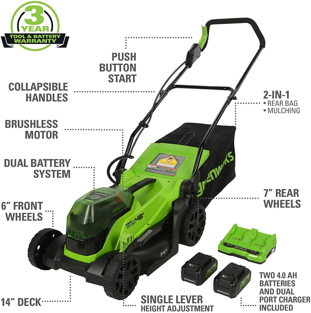 Greenworks 48V 14" Brushless Cordless Electric Lawn Mower, Leaf Blower, String Trimmer, Hedge Trimmer, Work Light, Fan, (2) 4.0Ah Batteries and Rapid Charger