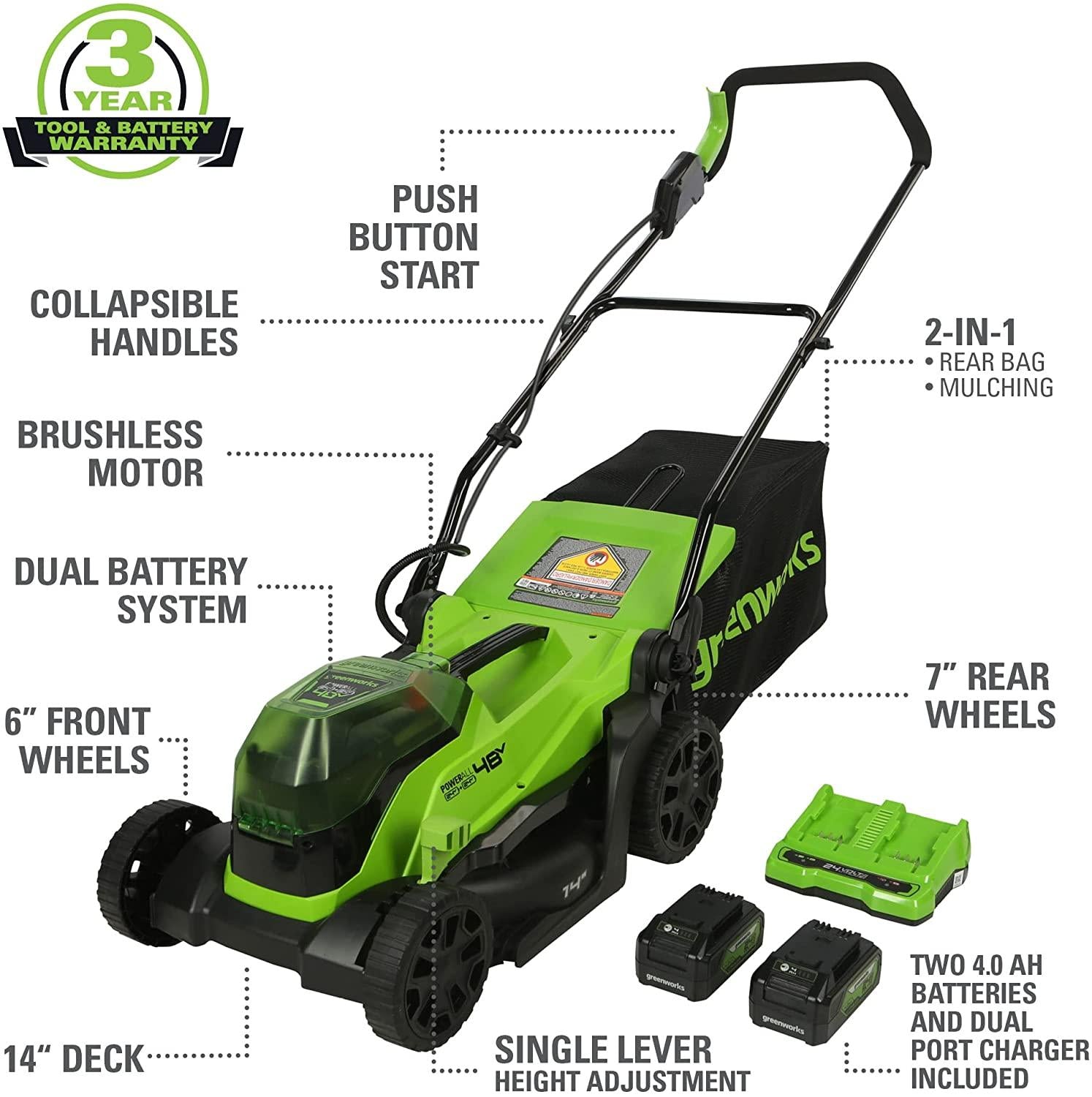 Greenworks 48V 14" Brushless Cordless Electric Lawn Mower, Leaf Blower, String Trimmer, Hedge Trimmer, Work Light, Fan, (2) 4.0Ah Batteries and Rapid Charger