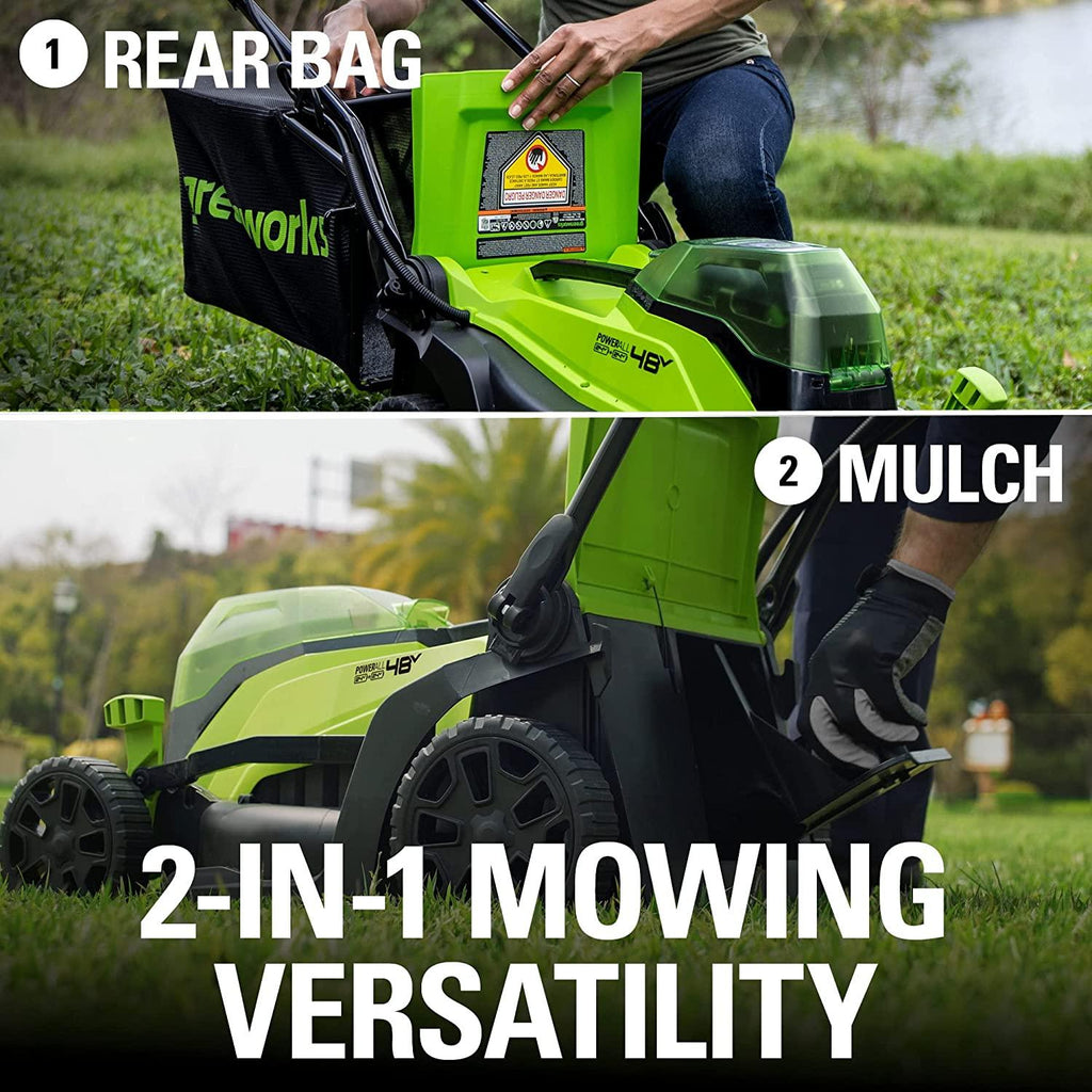 Greenworks 48V 14" Brushless Cordless Electric Lawn Mower, Leaf Blower, String Trimmer, Hedge Trimmer, Work Light, Fan, (2) 4.0Ah Batteries and Rapid Charger