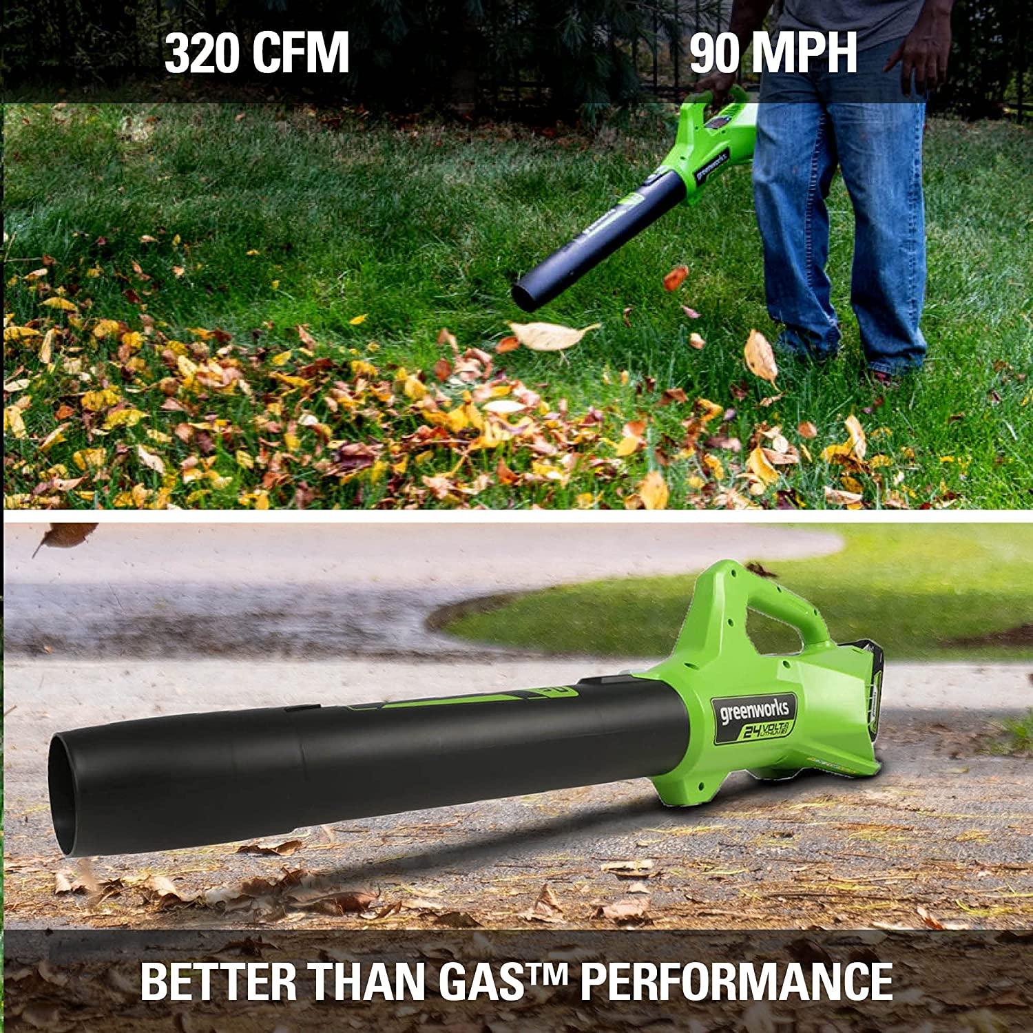 Greenworks 48V 14" Brushless Cordless Electric Lawn Mower, Leaf Blower, String Trimmer, Hedge Trimmer, Work Light, Fan, (2) 4.0Ah Batteries and Rapid Charger