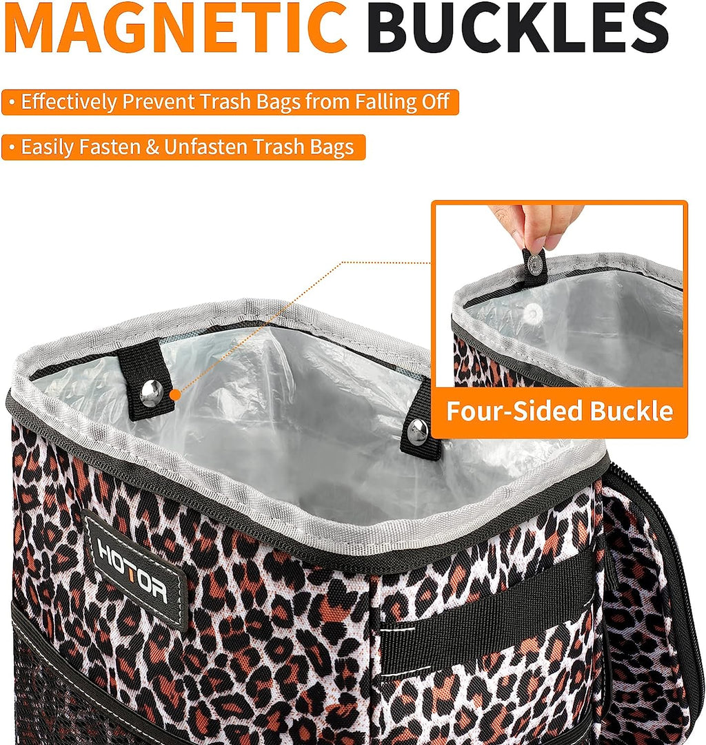HOTOR Car Trash Can, Multifunctional &amp; Fashionable Car Accessory for Interior Use for Women, Waterproof Car Organizer and Storage Bag with Adjustable Straps, Magnetic Buckles (Leopard-Print Brown)