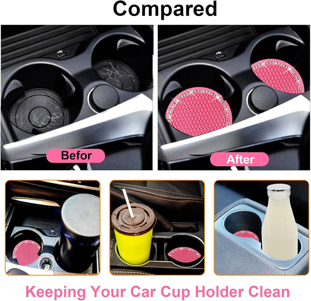 2PCS Bling Car Cup Coaster, 2.75 Inch Auto Car Cup Holder Insert Coasters Silicone Anti-Slip Crystal Rhinestone Drink Car Cup Mat, Universal Vehicle Interior Accessories for Women Girls (Pink)
