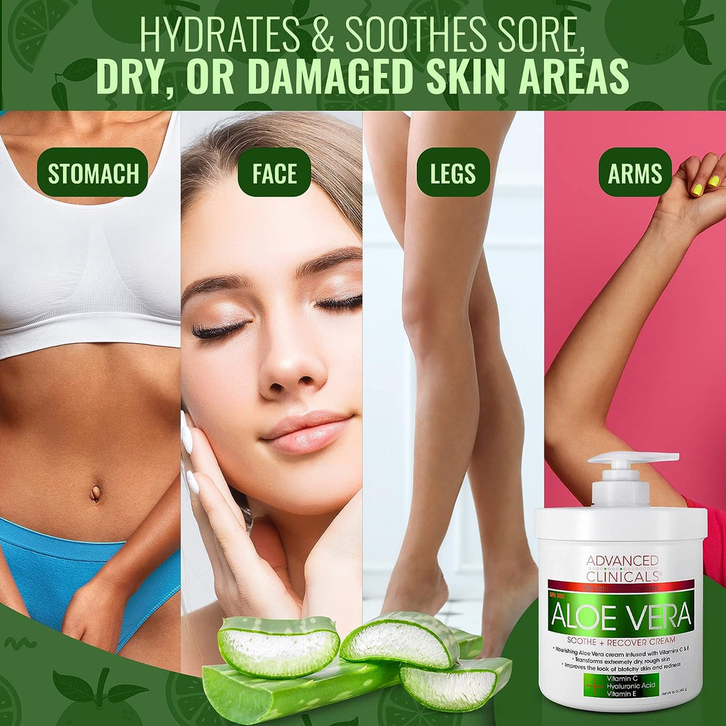 Advanced Clinicals Aloe Vera, Vitamin C &amp; Hyaluronic Acid Face &amp; Body Cream, Moisturizing Skincare for Dry, Age Spots &amp; Sun Damaged Skin, 16 oz (Pack of 2)