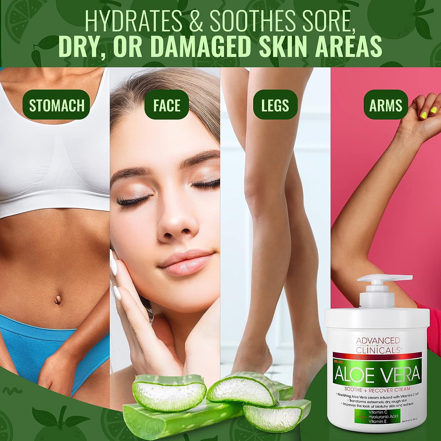 Advanced Clinicals Aloe Vera, Vitamin C &amp; Hyaluronic Acid Face &amp; Body Cream, Moisturizing Skincare for Dry, Age Spots &amp; Sun Damaged Skin, 16 oz (Pack of 2)