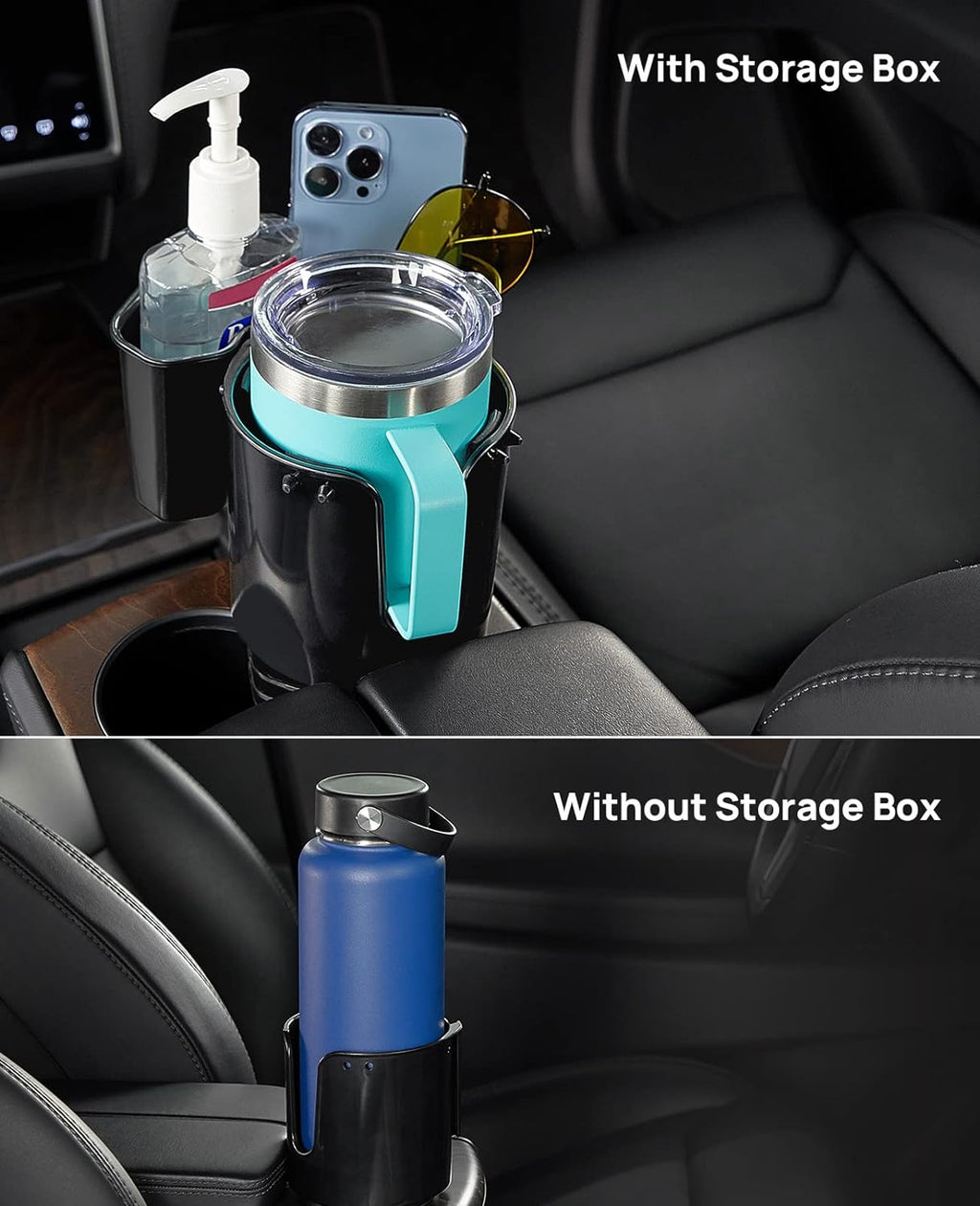 JoyTutus Cup Holder with Storage Box 2 Pack, Cup Holder Expander for Car, Large Car Cup Holder Adapt Most Regular Cup Holder 18-40oz, fit in 2.75-3.25inch Car Holder, with Attached Organizer
