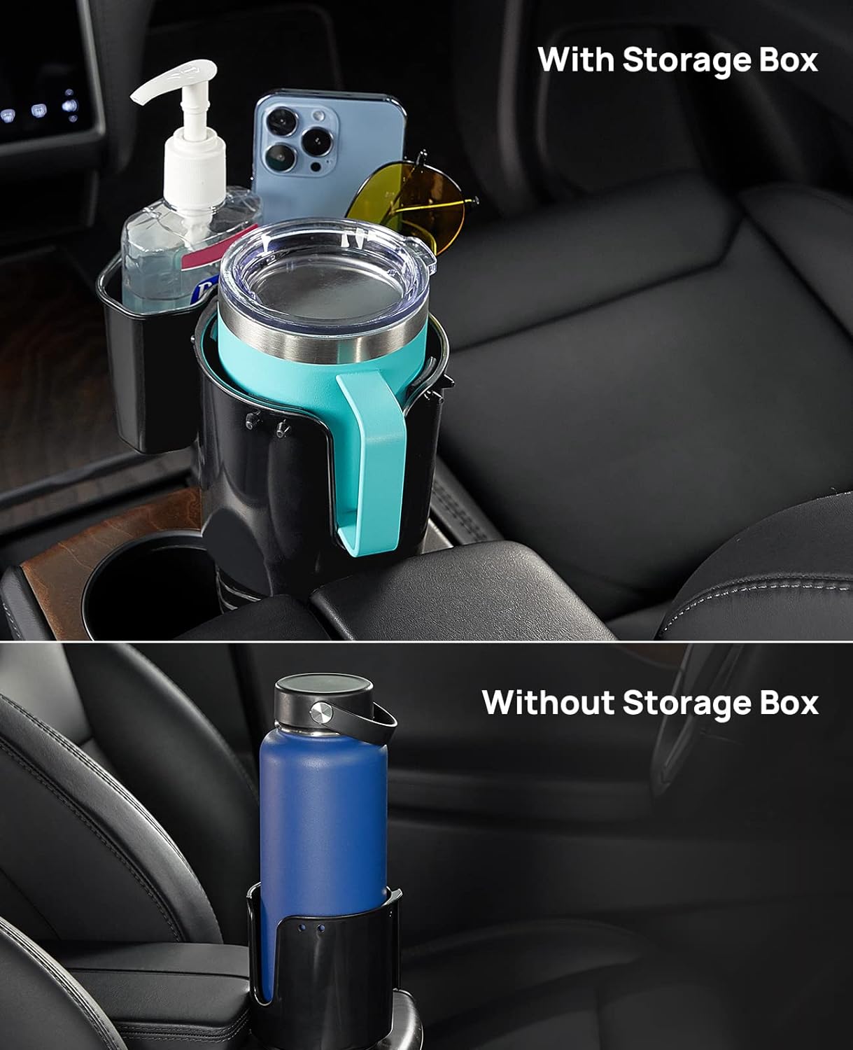 JoyTutus Cup Holder with Storage Box 2 Pack, Cup Holder Expander for Car, Large Car Cup Holder Adapt Most Regular Cup Holder 18-40oz, fit in 2.75-3.25inch Car Holder, with Attached Organizer