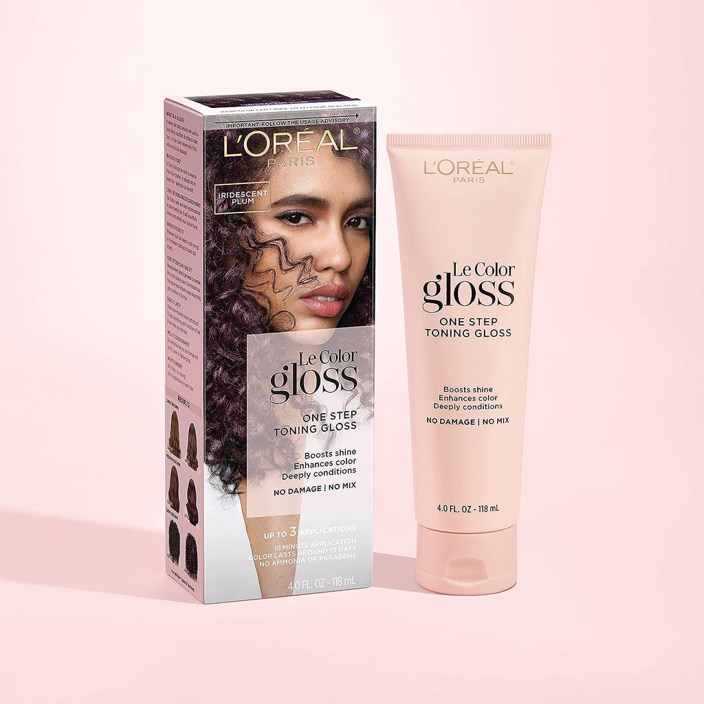 L’Oréal Paris Le Color Gloss One Step In-Shower Toning Hair Gloss, Neutralizes Brass, Conditions &amp; Boosts Shine, Iridescent Plum Purple, 4 Ounce