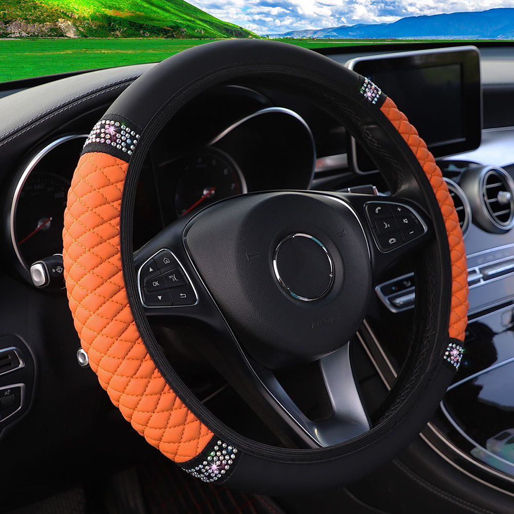 Car Pu Leather Steering Wheel Cover, 14.57-14.96inch Artificial Diamond, Steering Wheel Cover