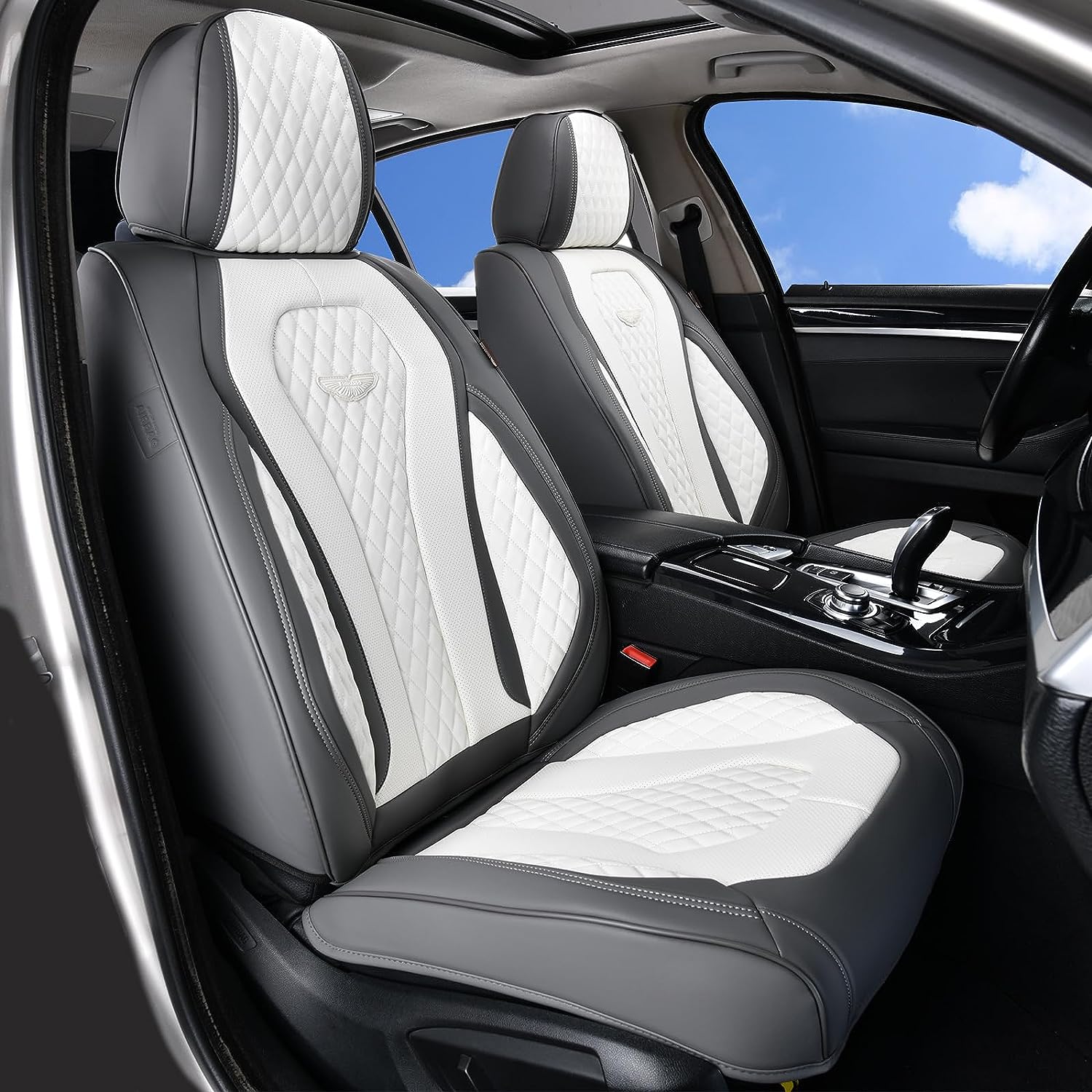 Coverado Leather Seat Covers Full Set, 5 Seats Universal Seat Covers for Cars, Waterproof Luxury Leatherette Seat Cushions, Front and Rear Seat Protectors, Seat Covers Fit for Most Vehicles Gray/White