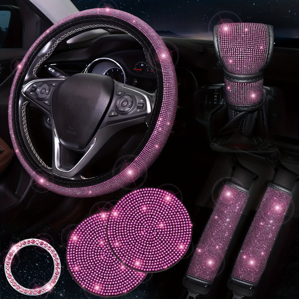 Bling Car Accessories For Women,Bling Steering Wheel Cover Bling Car Coasters Bling Set Seat Belt Shoulder Pads Ring Emblem Sticker Gear Shift Cover