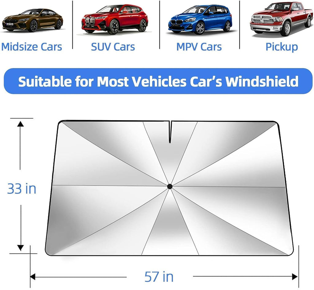 Car Windshield Sun Shade Umbrella, Upgraded Windshield Sunshades with 360° Rotation Bendable Handle, Foldable Automotive Windshield Shades, Full Cover Sun Shade for Most Vehicles