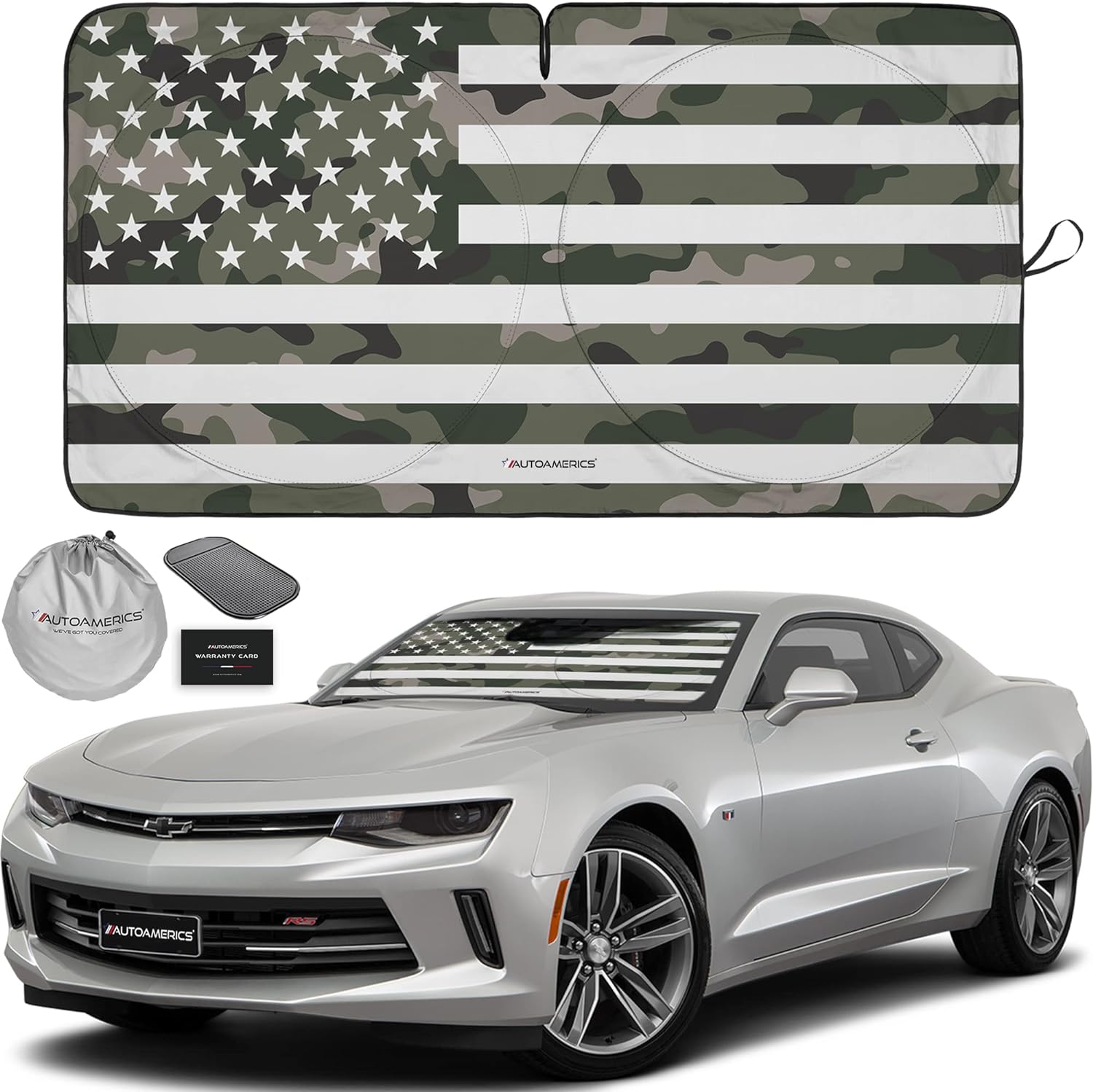 Autoamerics 1-Piece Windshield Sun Shade Green Camo American Flag USA  - Foldable Car Front Window Sunshade for Most Sedans SUV Truck - Blocks Max UV Rays and Keeps Your Vehicle Cool - Small