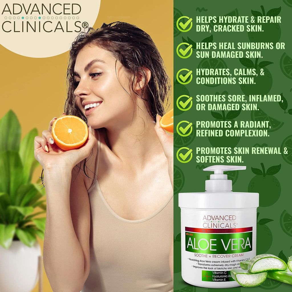 Advanced Clinicals Aloe Vera, Vitamin C &amp; Hyaluronic Acid Face &amp; Body Cream, Moisturizing Skincare for Dry, Age Spots &amp; Sun Damaged Skin, 16 oz (Pack of 2)