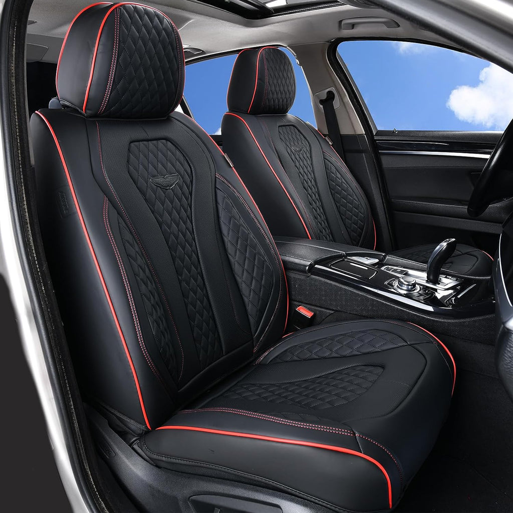 Coverado Leather Seat Covers Front, 2-Pack Universal Seat Covers for Cars, Waterproof Luxury Leatherette Car Seat Cushions, Auto Car Seats Protectors, Driver Seat Covers Fit for Most Vehicles Red line