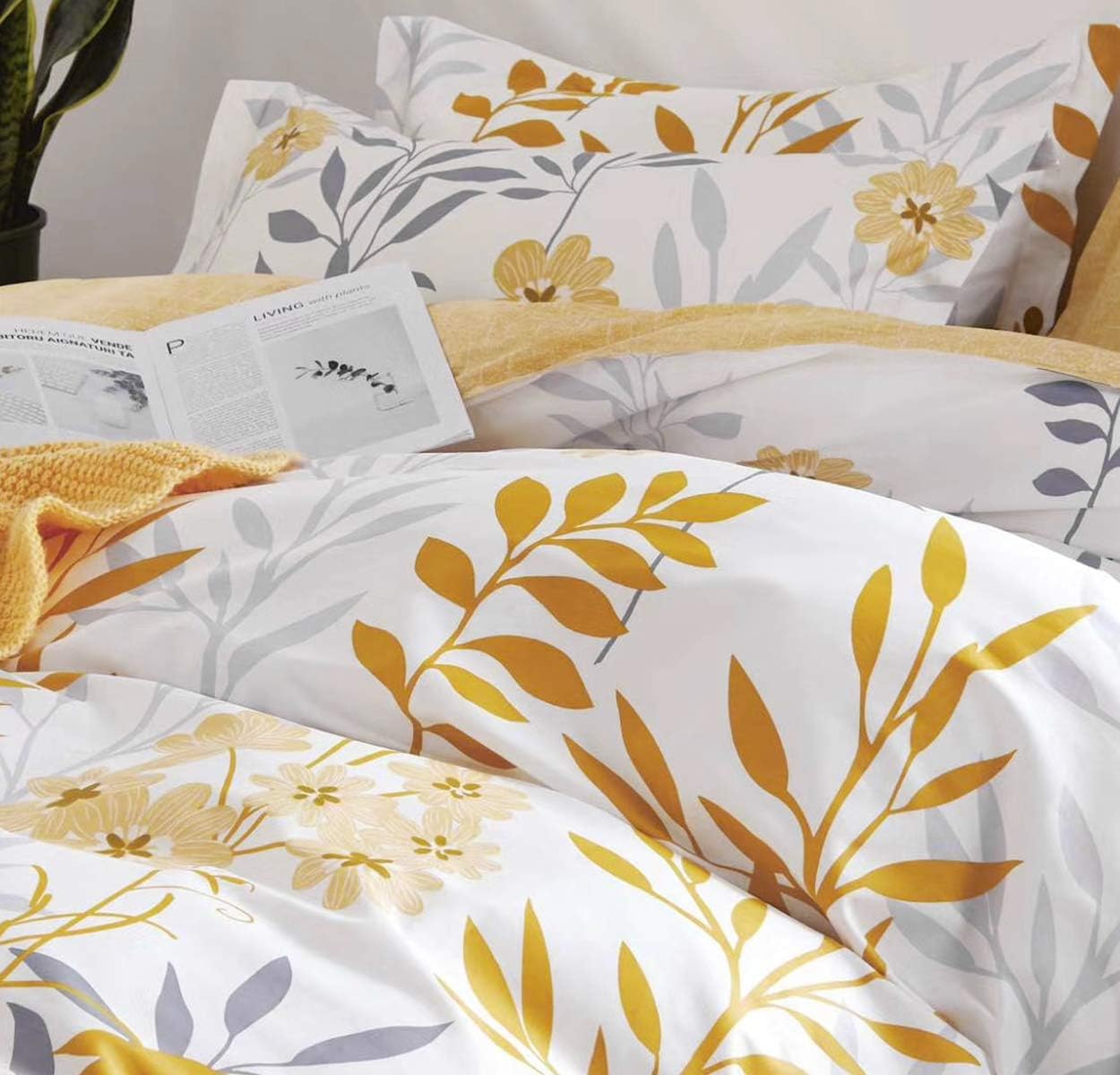 SLEEPBELLA Duvet Cover Queen Size, 600 Thread Count Cotton Grey Branches and Yellow Flower Reversible Comforter Cover(Queen, White Leaf)