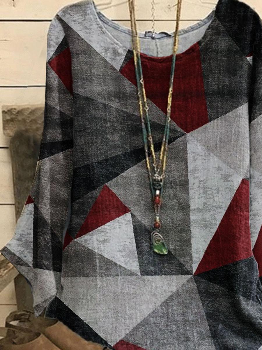 Contrasting Geometric Print Loose Long-sleeved Blouse