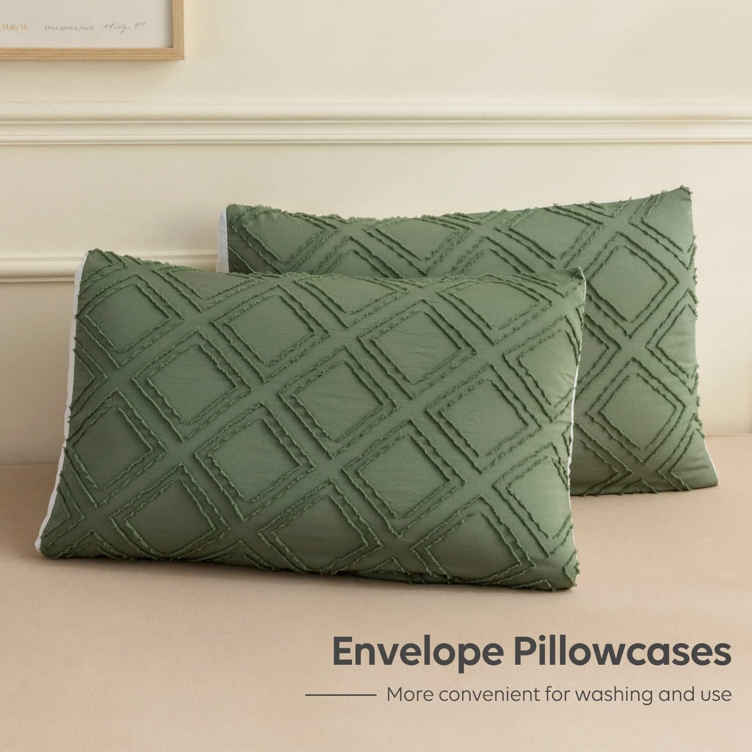 JELLYMONI Reversible Green &amp; White Duvet Cover King Size - 3PCS Microfiber Tufted Duvet Cover, Boho Textured Duvet Cover Jacquard Geometric Pattern Duvet Cover with Corner Ties &amp; Zipper Closure