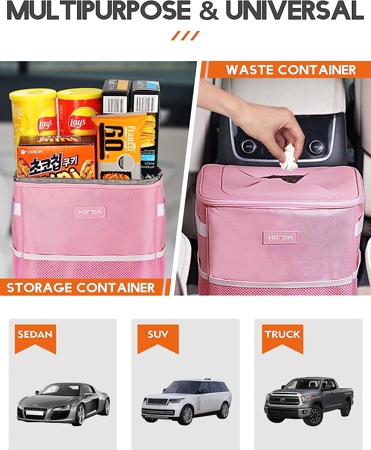 HOTOR Car Trash Can, 3-Gallon Ultra-Large Car Garbage Can, 100% Leakproof &amp; Waterproof Trash Can for Car, Multipurpose Car Trash Bin with Adjustable Straps, Magnetic Buckles, Mesh Pockets (Pink)
