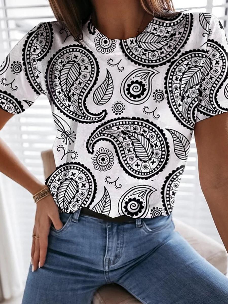 Womens Casual Round Collar Paisley Print T-shirt
