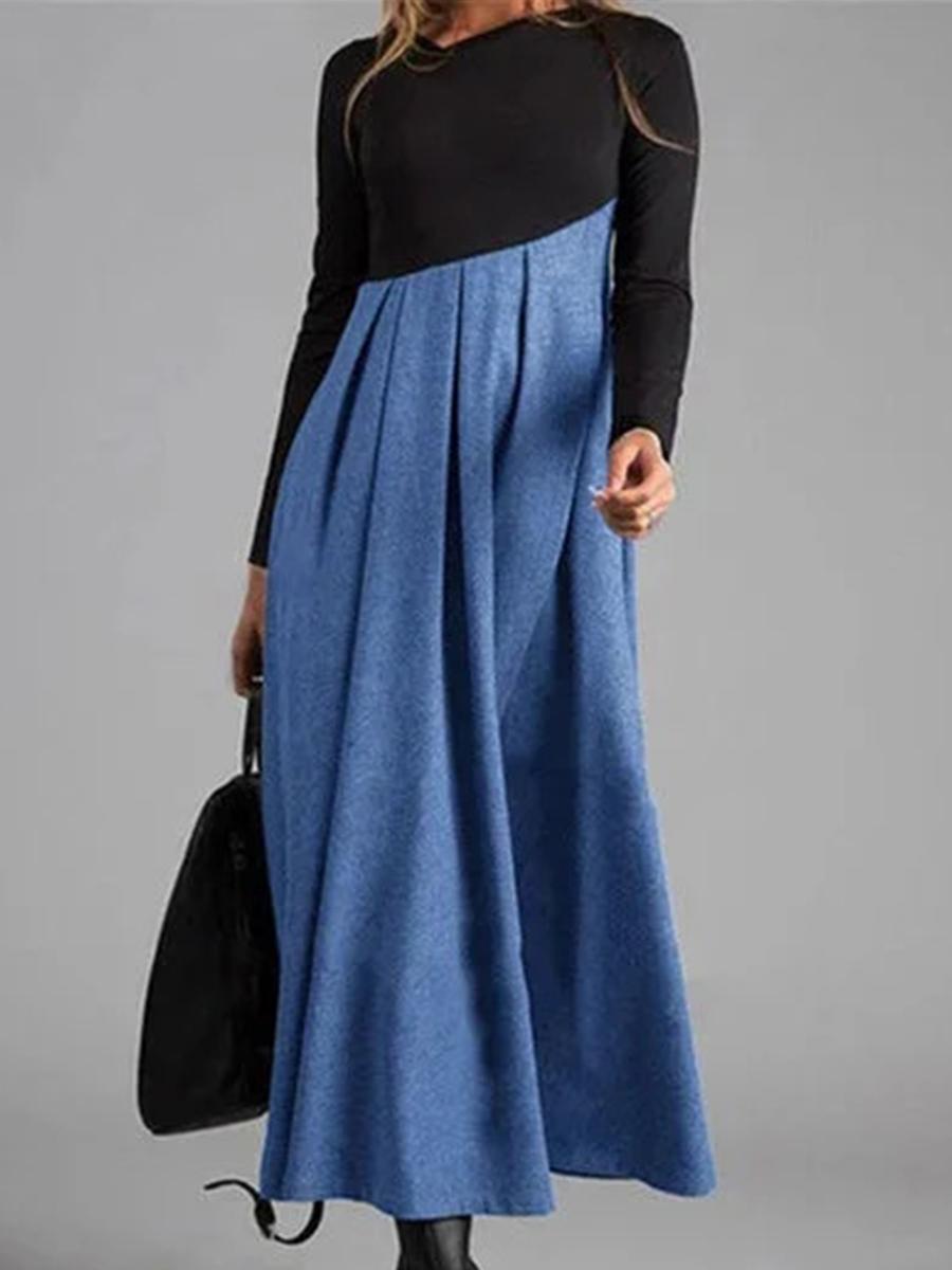 Contrasting Color V-neck Long Sleeve Dress