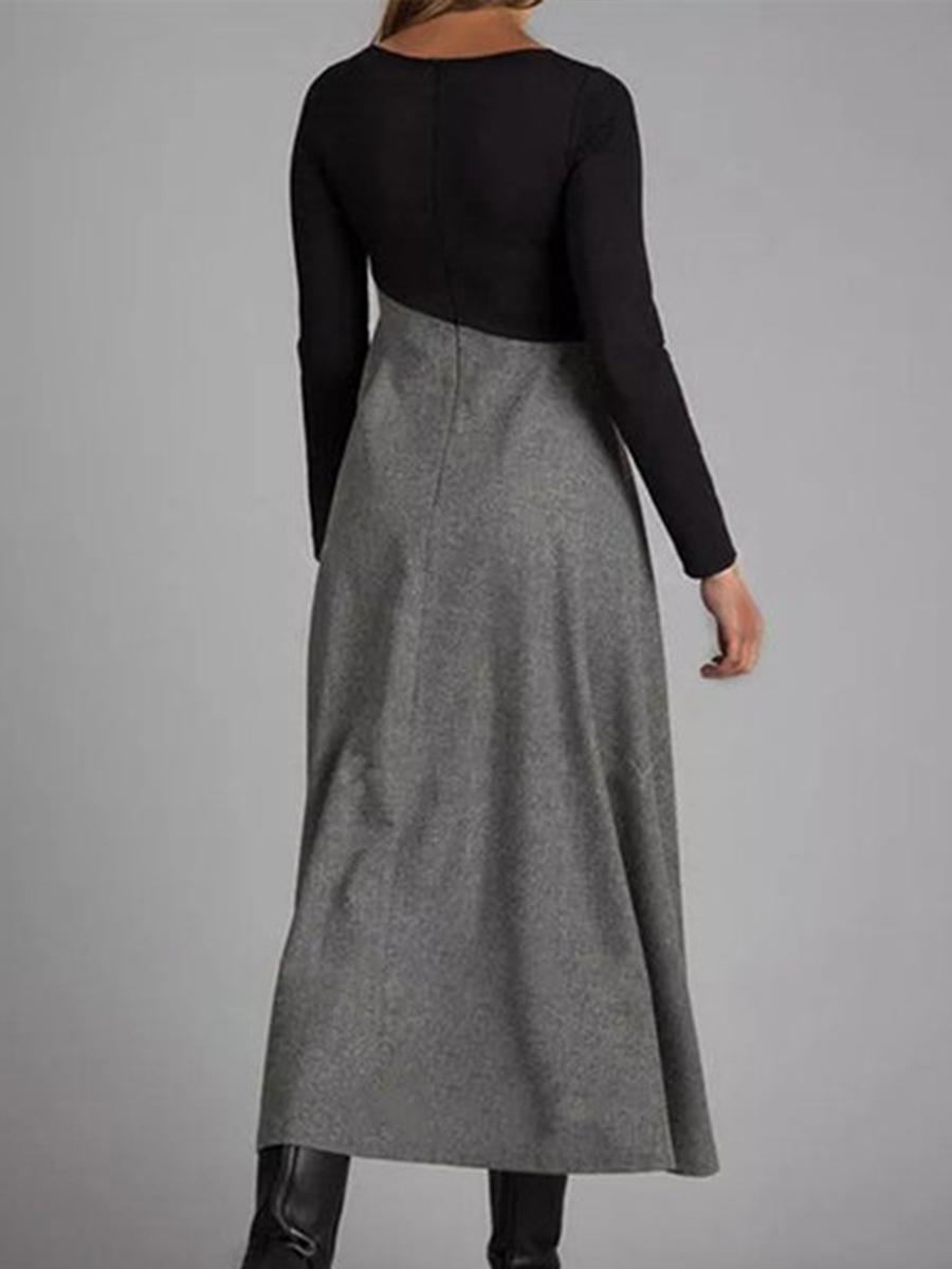 Contrasting Color V-neck Long Sleeve Dress