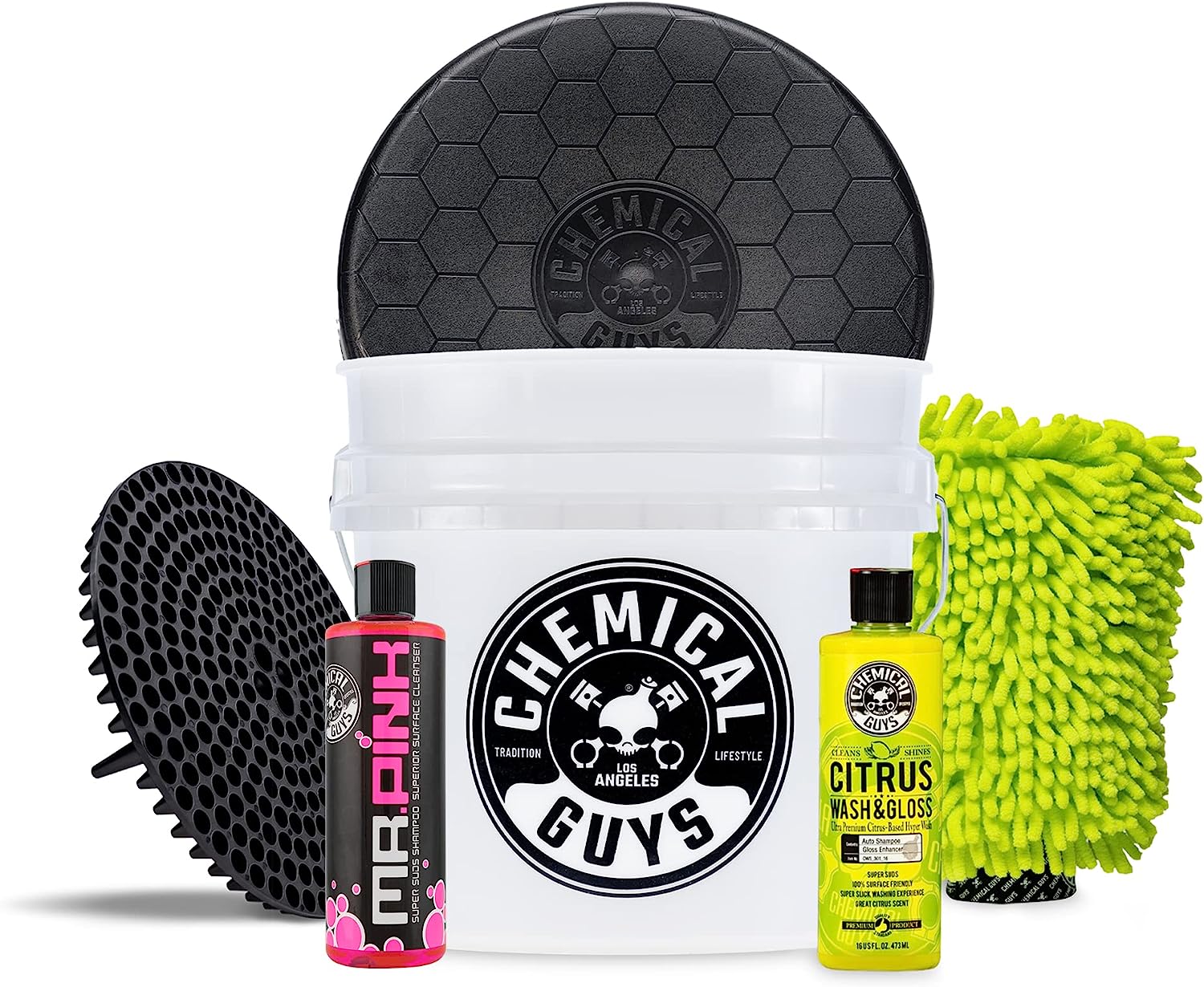 Chemical Guys CWS_402_16BK Car Wash Detailing Bucket, Mitt &amp; Accessories Bundle (6 Items) Featuring Mr. Pink Foaming Car Wash Soap, 16 fl oz - Works on Cars, Trucks, SUVs, RVs &amp; More