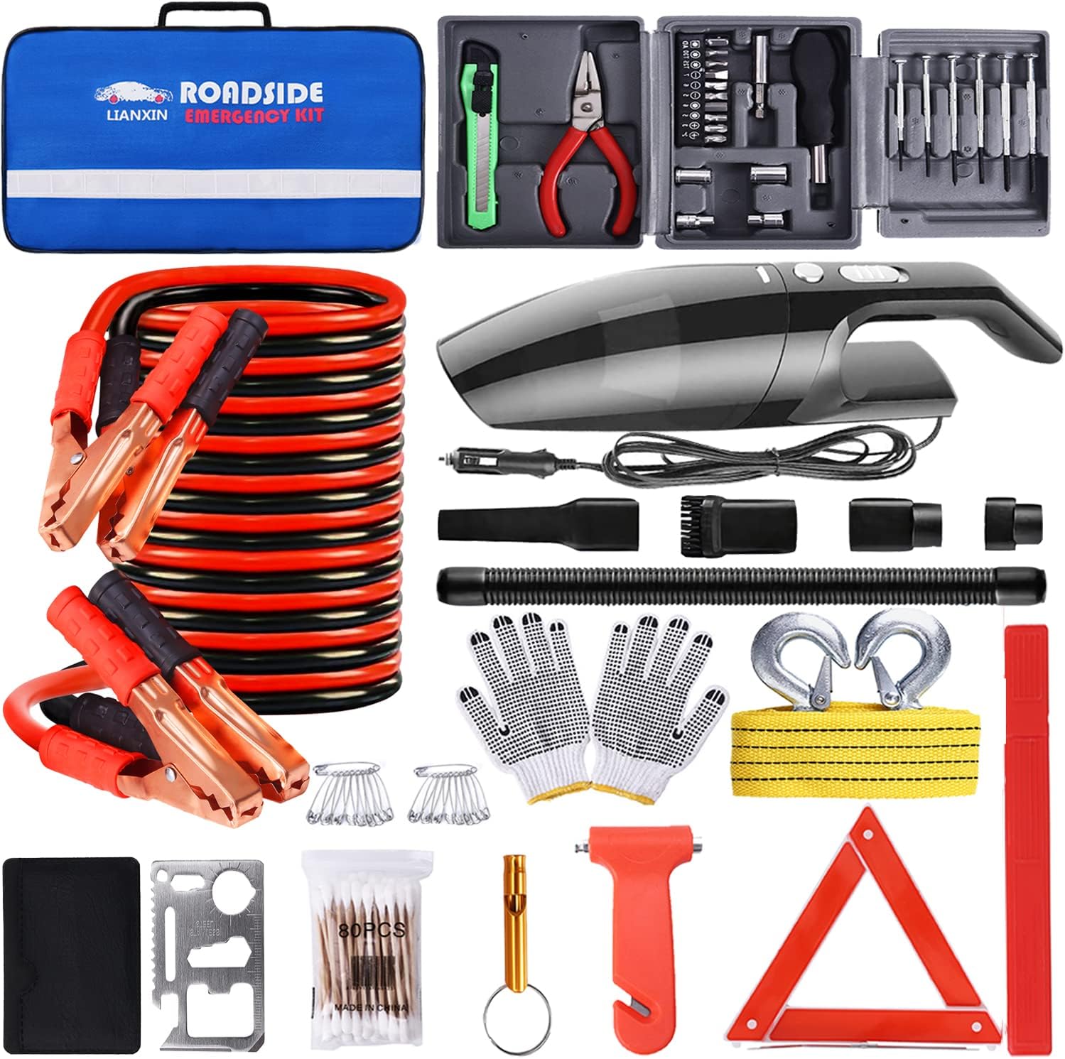 LIANXIN Roadside Car Emergency Kit- Car Safety Kit,Car Kits Emergency,High Power Car Vacuum,Jumper Cable Kits,Reflective Warning Triangle,Car Emergency Kit